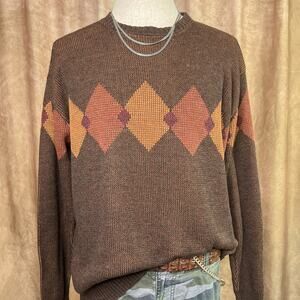 Vintage 90s Argyle Sweater Diamond Knit Brown Academia Cabincore Lodge Preppy